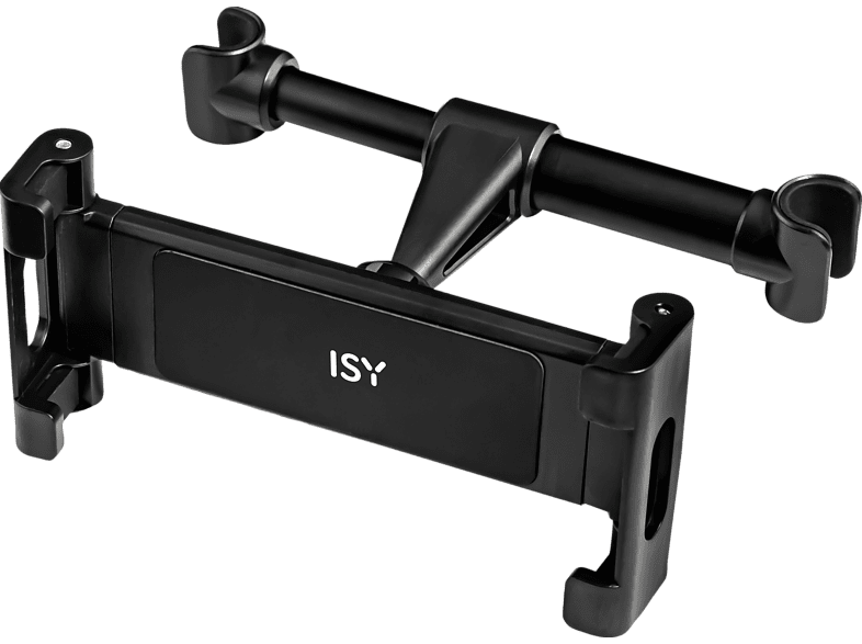 Zwarte ISY tablethouder voor een auto, verstelbaar met twee klemmen en een middenarm.