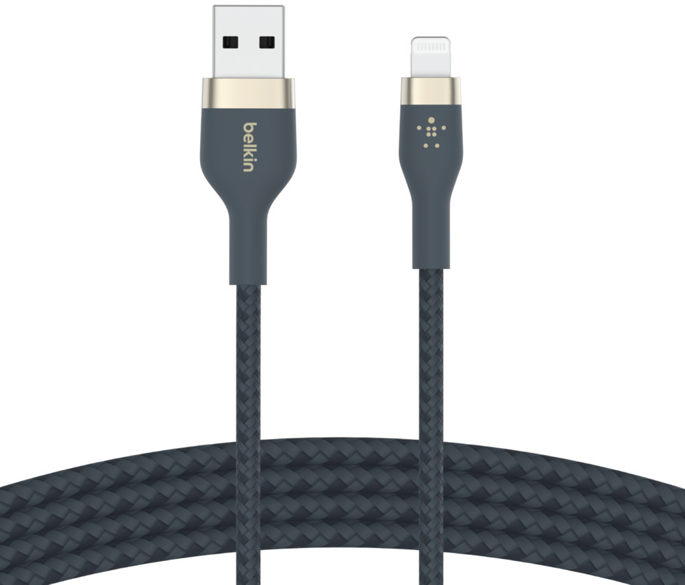 Câble Belkin USB vers Lightning, gris et noir, avec câble tressé et détails dorés.