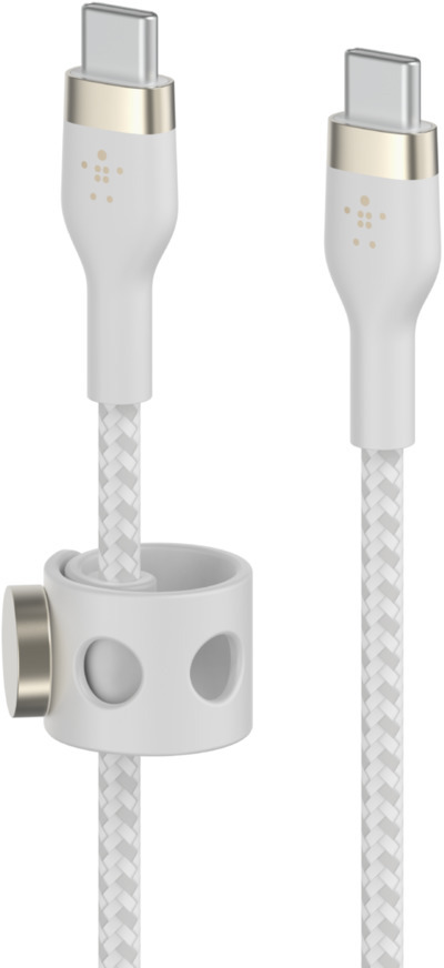 Un câble USB-C blanc avec un design tressé et un organisateur de câble blanc.