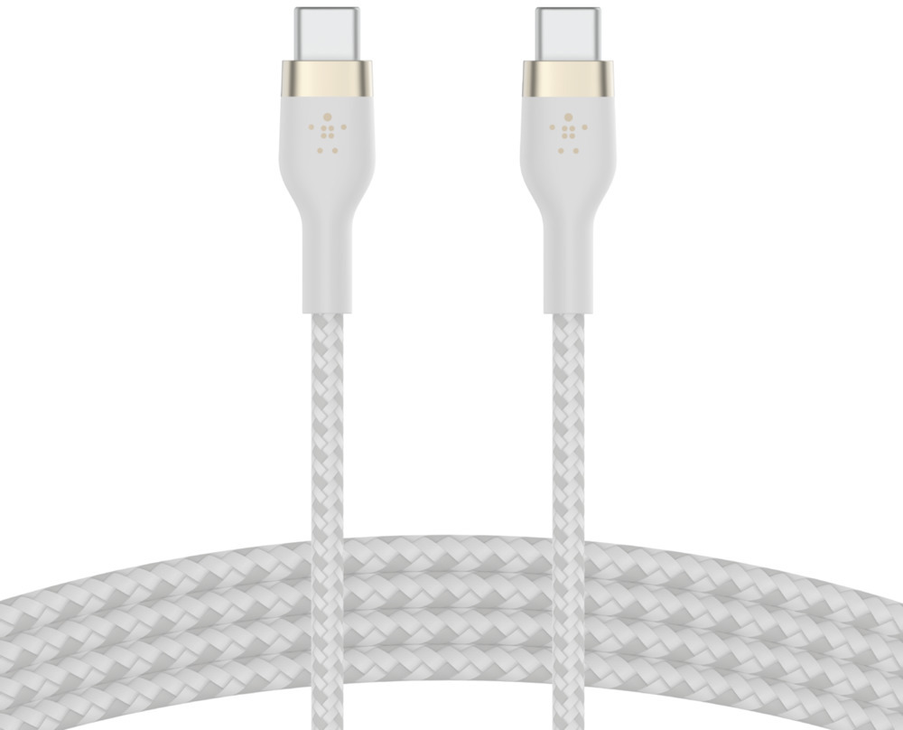 Câble de charge tressé blanc avec connecteurs USB-C à chaque extrémité. Texture tressée visible.