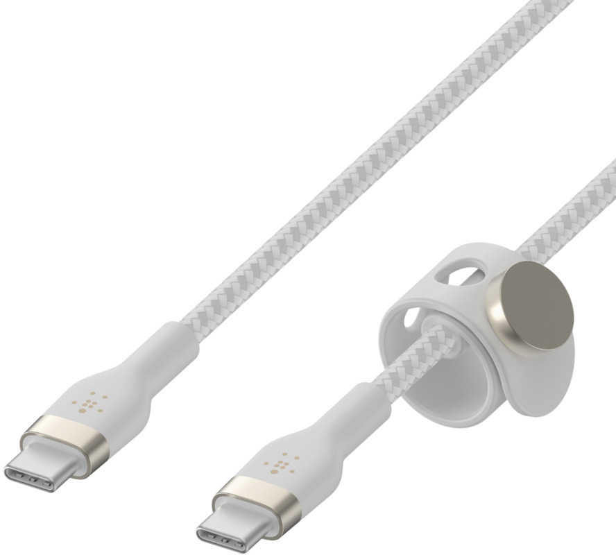 Câble tressé blanc avec connecteurs USB-C et un support blanc.