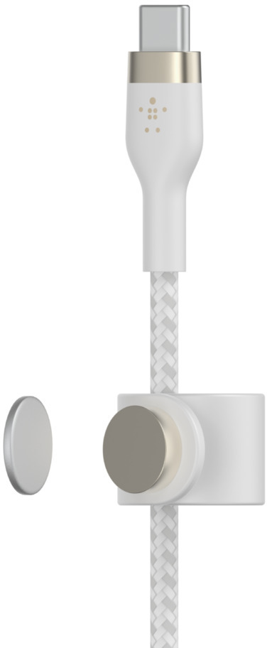 Câble de charge blanc avec un connecteur et une fixation magnétique sur fond blanc.