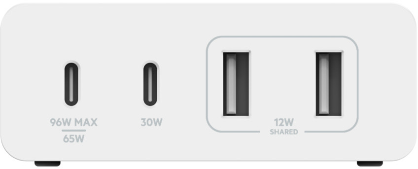 Un adaptateur secteur blanc avec deux ports USB-C et deux ports USB-A, avec étiquettes de sortie.