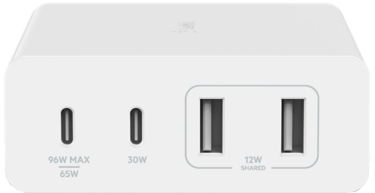 Adaptateur secteur blanc avec 2 ports USB-C et 2 USB-A, avec indicateurs de puissance.