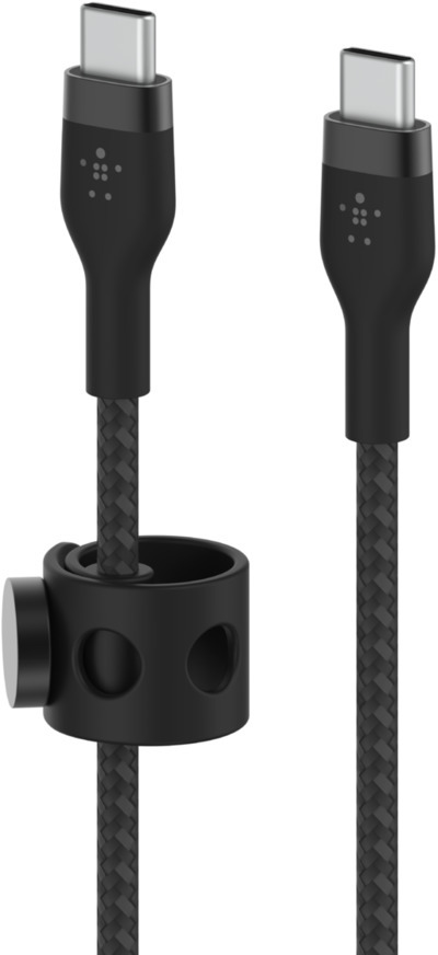 Deux câbles USB-C noirs avec un support noir, tous deux sur fond blanc.