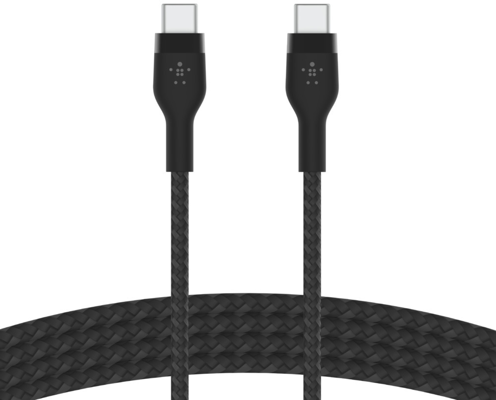 Câble USB-C tressé noir avec deux connecteurs. Fond blanc.