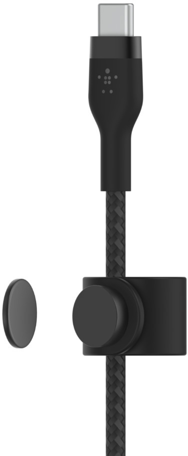 Un câble USB-C noir avec un design tressé et un organisateur de câble noir.