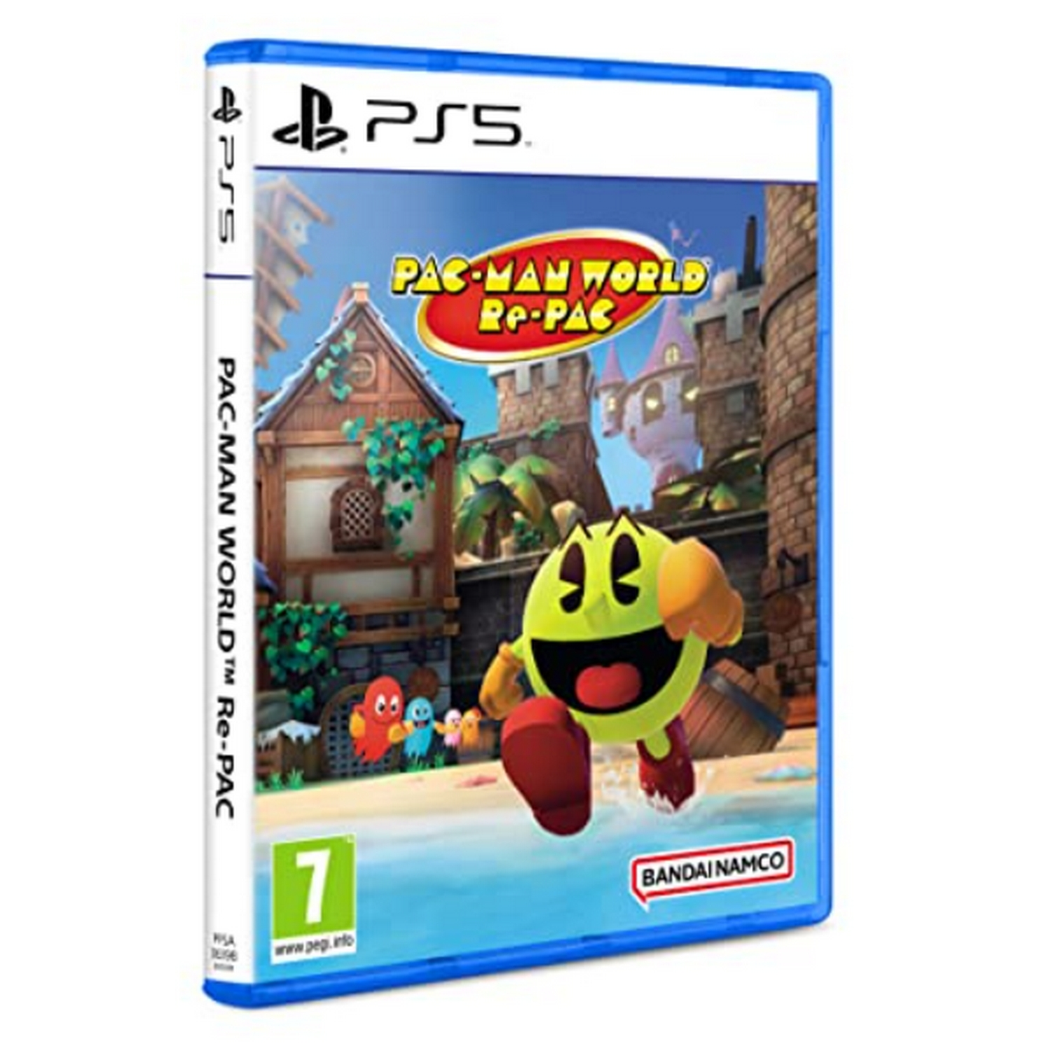 Caja del juego PS5 Pac-Man World Re-Pac. Frente muestra a Pac-Man corriendo y un castillo.