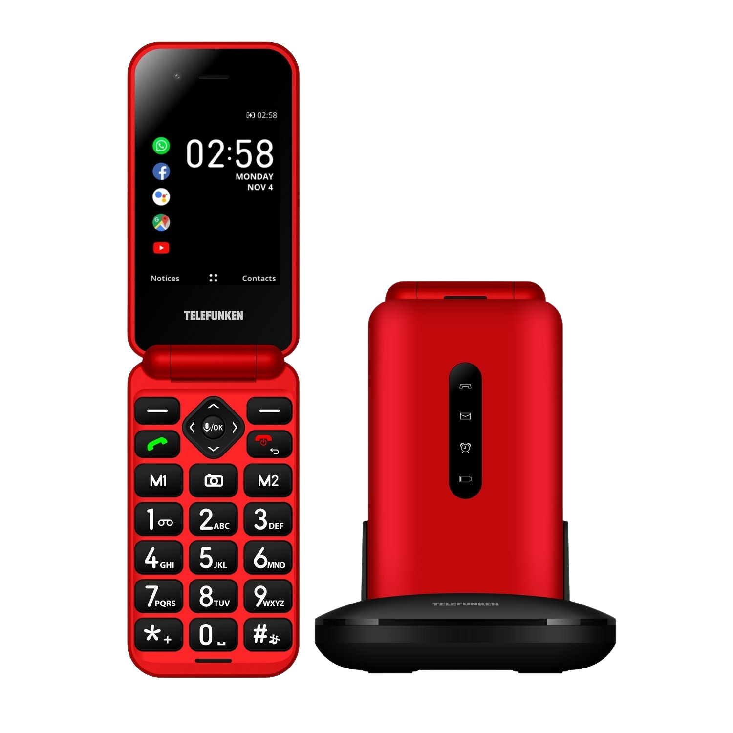 Móvil - Telefunken S740, Plegable, Para mayores, Bluetooth, 512 Mbit+4 GB, Pantalla 2.8", 320x240 Pixeles, Rojo