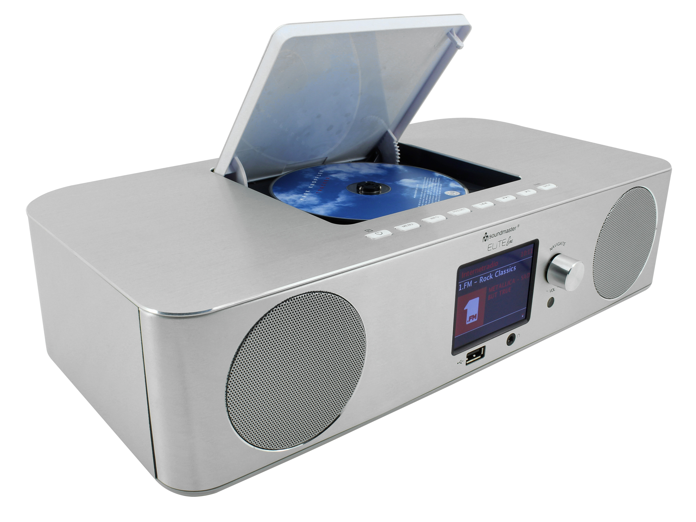 Silberne Stereoanlage mit geöffnetem CD-Player, der eine blaue CD zeigt. Bildschirm zeigt Radiosender und Songinfo.