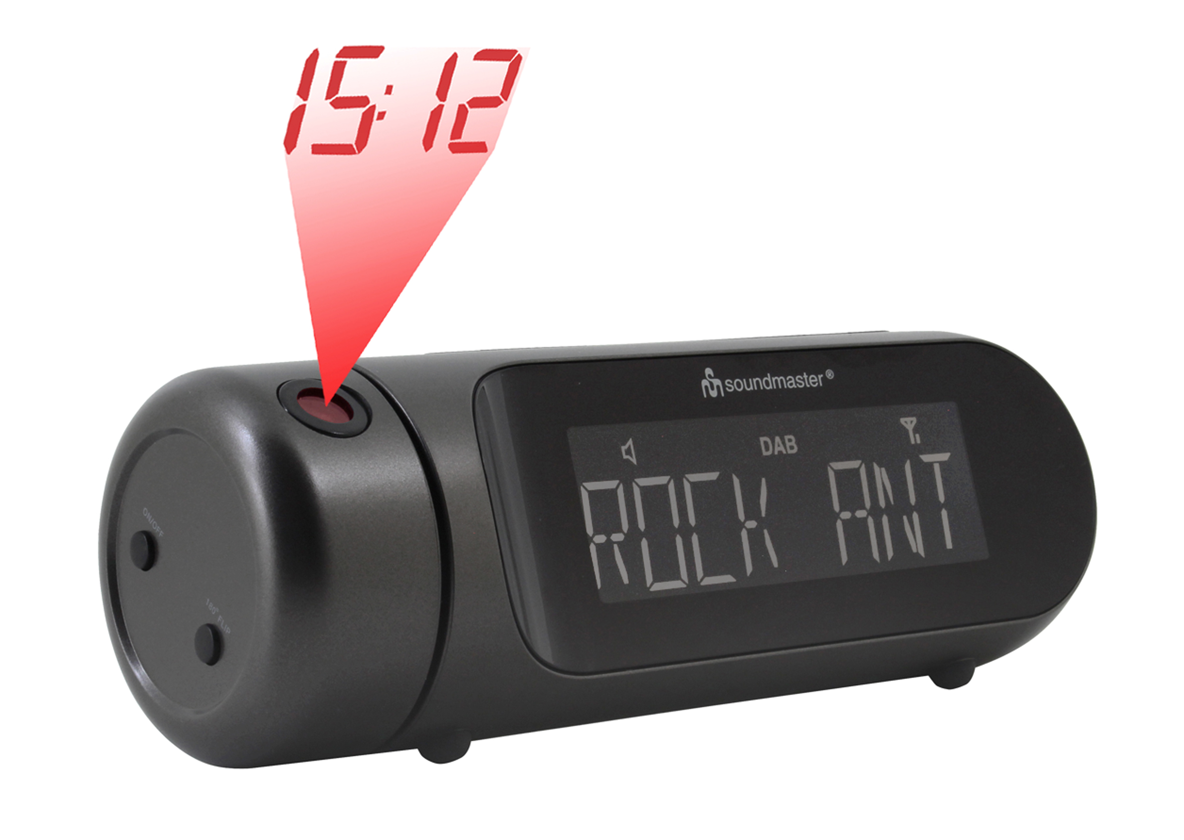 Schwarzer digitaler Wecker mit roter Zeitanzeige, die 15:12 anzeigt. Die Uhr hat ein schwarzes Display und Tasten.