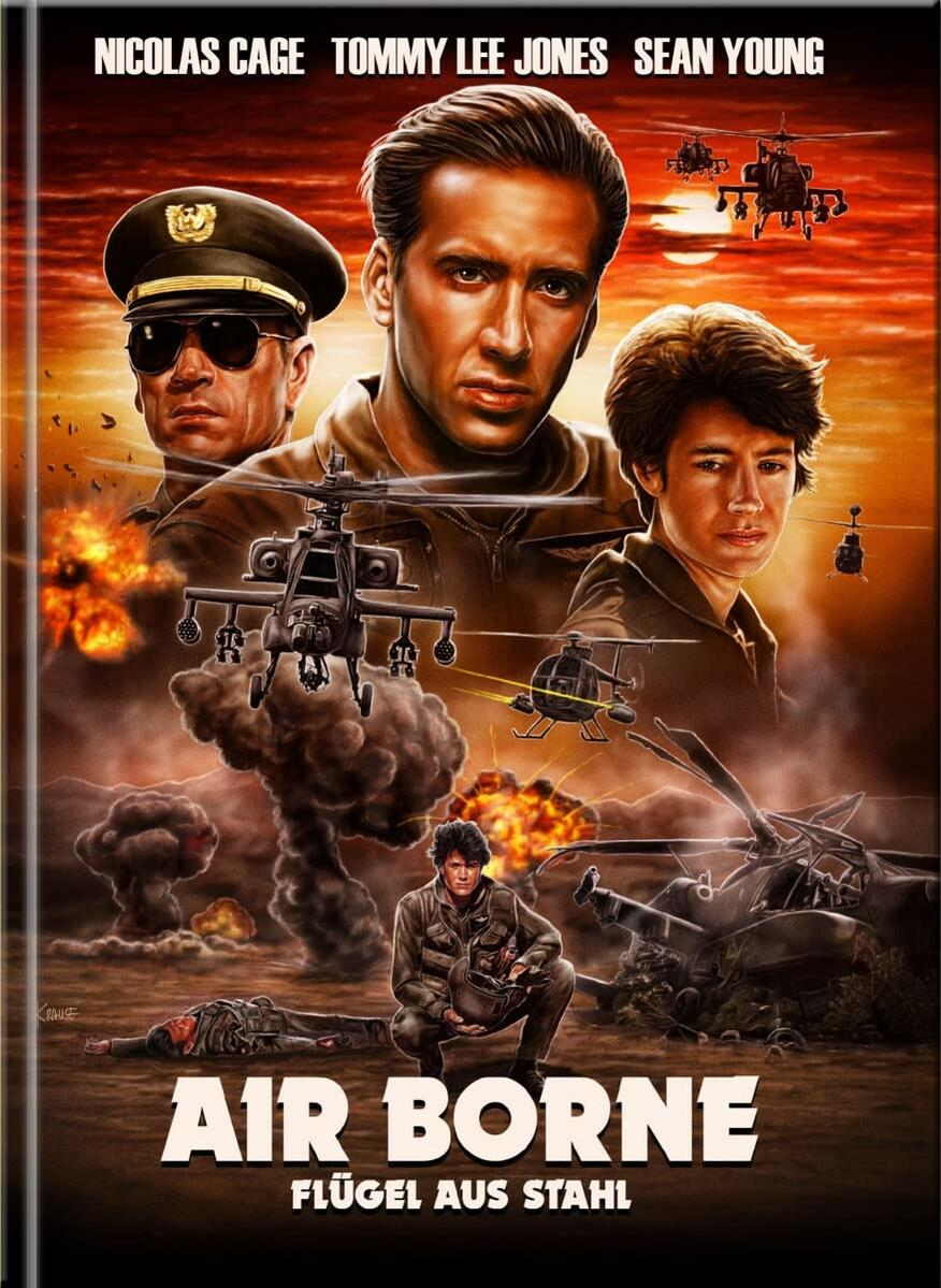 Filmposter für Air Borne mit Nicolas Cage und Tommy Lee Jones. Hubschrauber am Himmel.