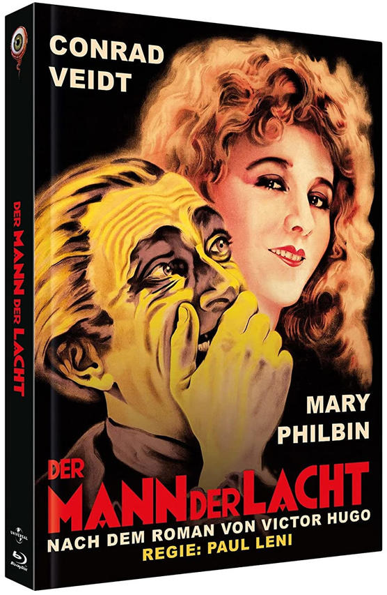 Filmposter für 'Der Mann der Lacht' mit den Schauspielern Conrad Veidt und Mary Philbin. Ein Schwarzweißbild.