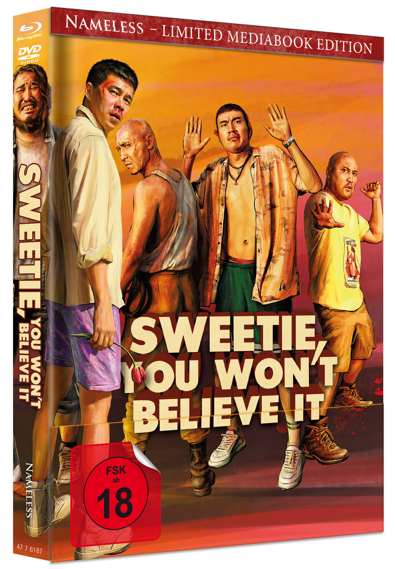 DVD-Cover von 'Sweetie, You Won't Believe It'. Fünf Männer stehen, einige mit erhobenen Händen, in der Wüste.