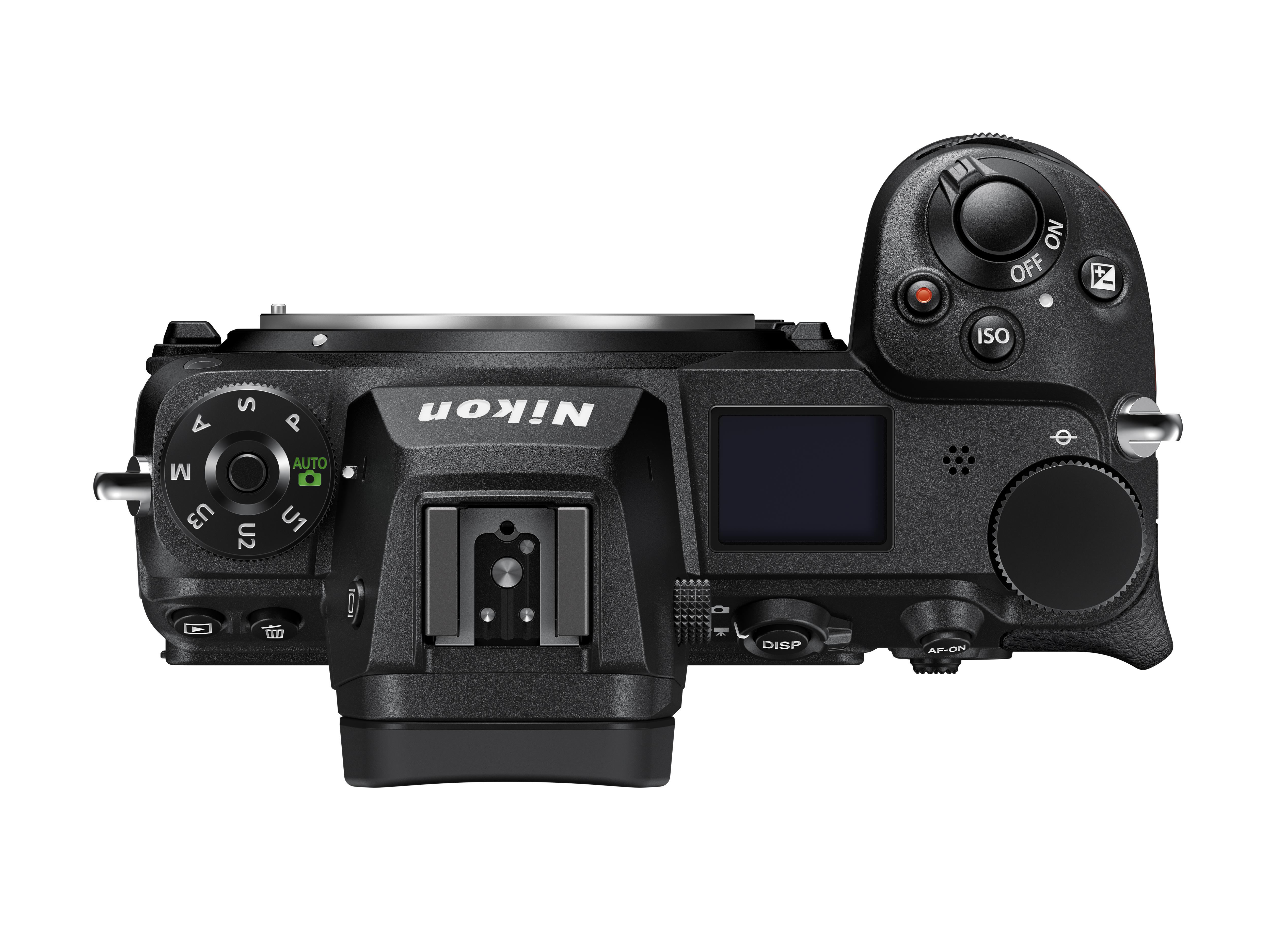 Eine Draufsicht auf eine schwarze Nikon Kamera mit verschiedenen Knöpfen und Rädern.