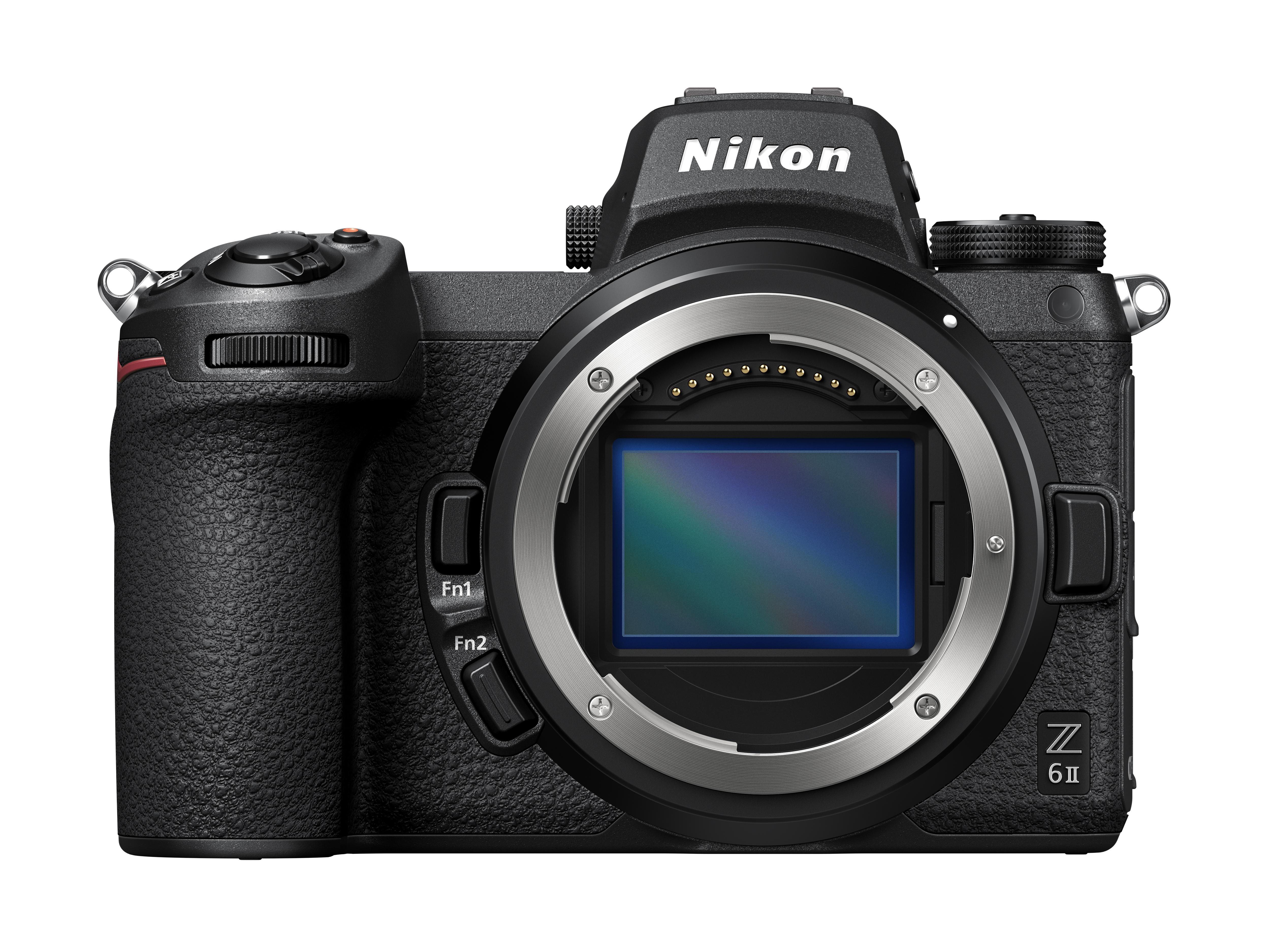 Schwarze Nikon Z 6II Kamera mit sichtbarem Objektivanschluss. Nikon-Branding auf der Vorderseite oben.