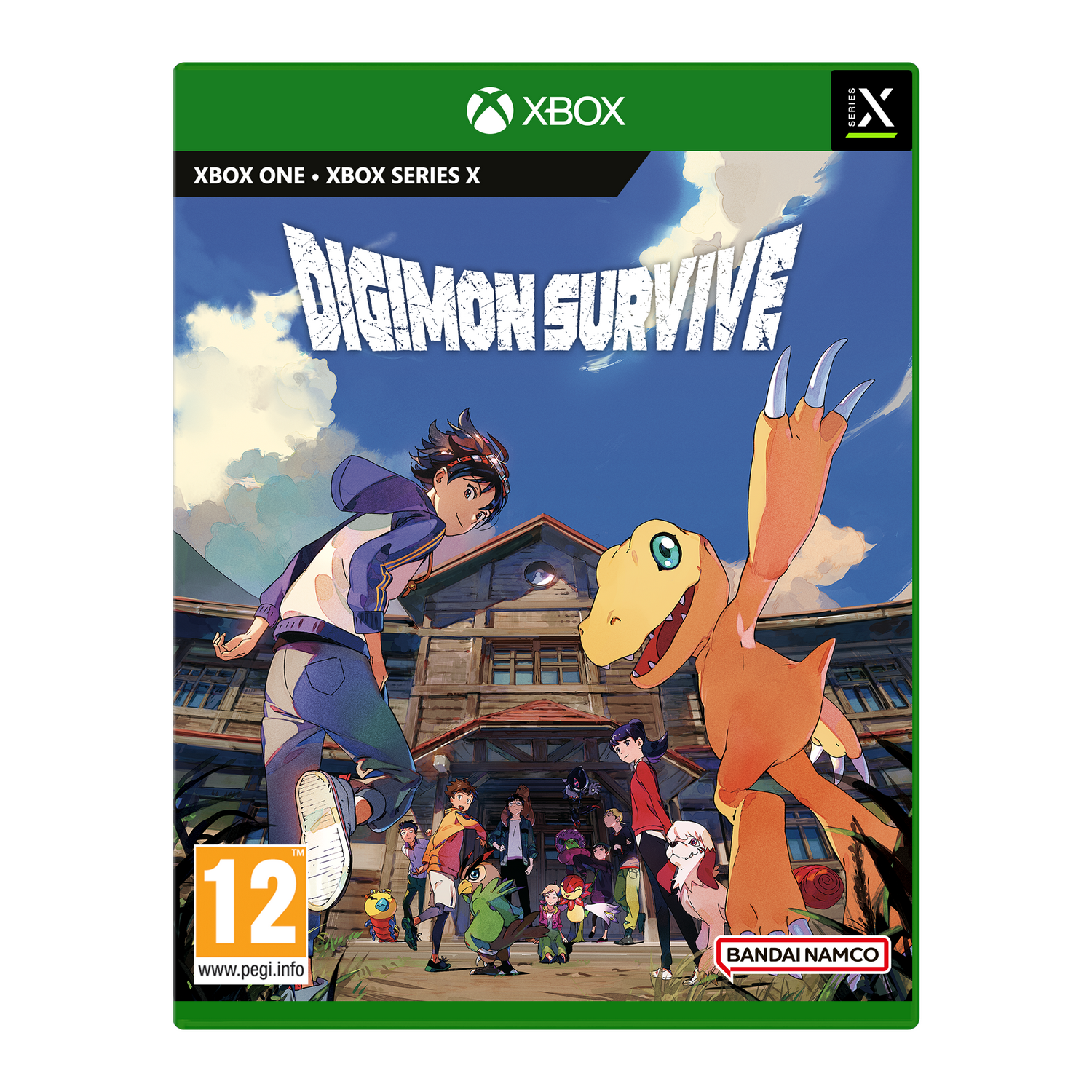 Arte de la caja del videojuego Digimon Survive con personajes frente a un edificio.