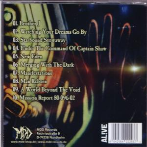 Rückseite einer CD mit Trackliste und Handgrafik, 10 Songs werden aufgelistet, und Logo.