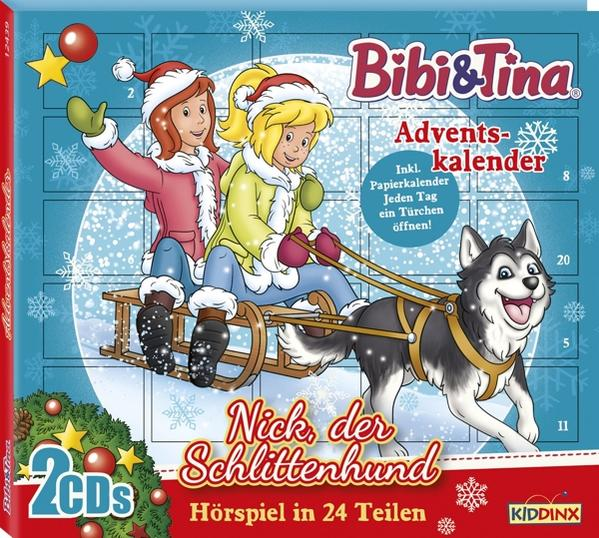 Bibi & Tina Adventskalender mit zwei Mädchen und einem Hund, der einen Schlitten zieht.