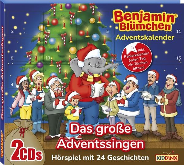 Adventskalender mit Benjamin Blümchen und Freunden, Weihnachtsbaum-Hintergrund, singende Menschen, Adventskalendertüren.