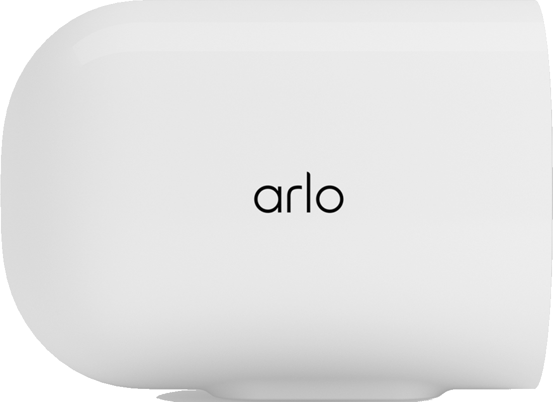 Una telecamera di sicurezza Arlo bianca con il marchio sulla parte anteriore.