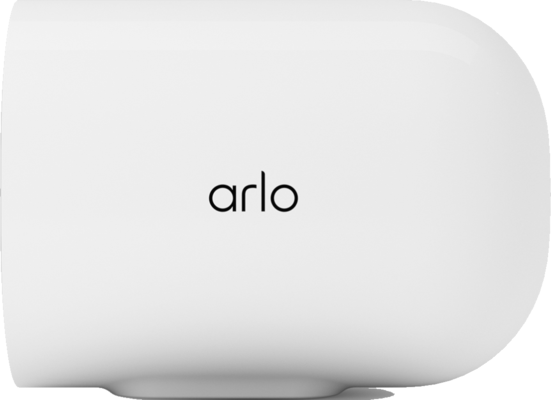 Una telecamera di sicurezza Arlo bianca, vista laterale. Il logo Arlo è sulla parte anteriore.