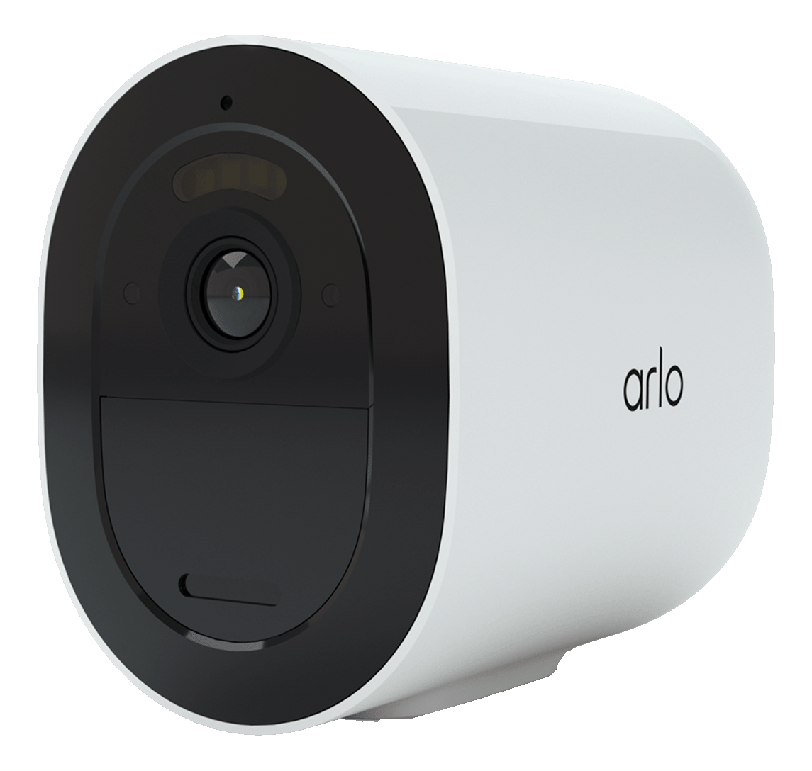 Telecamera di sicurezza Arlo bianca. Ha un fronte nero con l'obiettivo della fotocamera e il marchio 'arlo' sul lato.