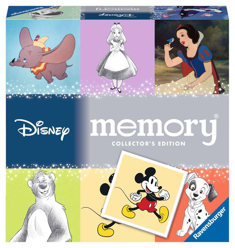 Box-Art eines Disney-Memory-Spiels mit verschiedenen Disney-Figuren, darunter Dumbo, Schneewittchen und Mickey Mouse.