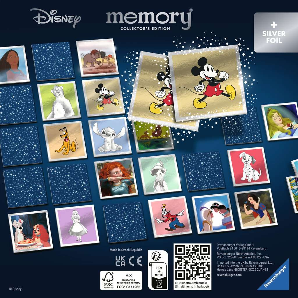Disney Memory Spielbox mit Charakterkacheln wie Mickey, Schneewittchen und Lady.