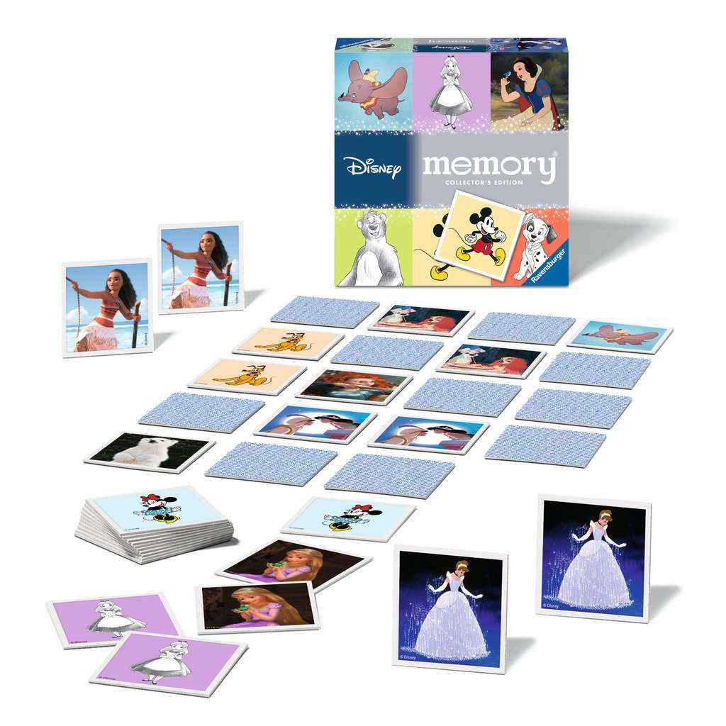 Disney Memory-Spielbox und Karten mit verschiedenen Disney-Figuren.