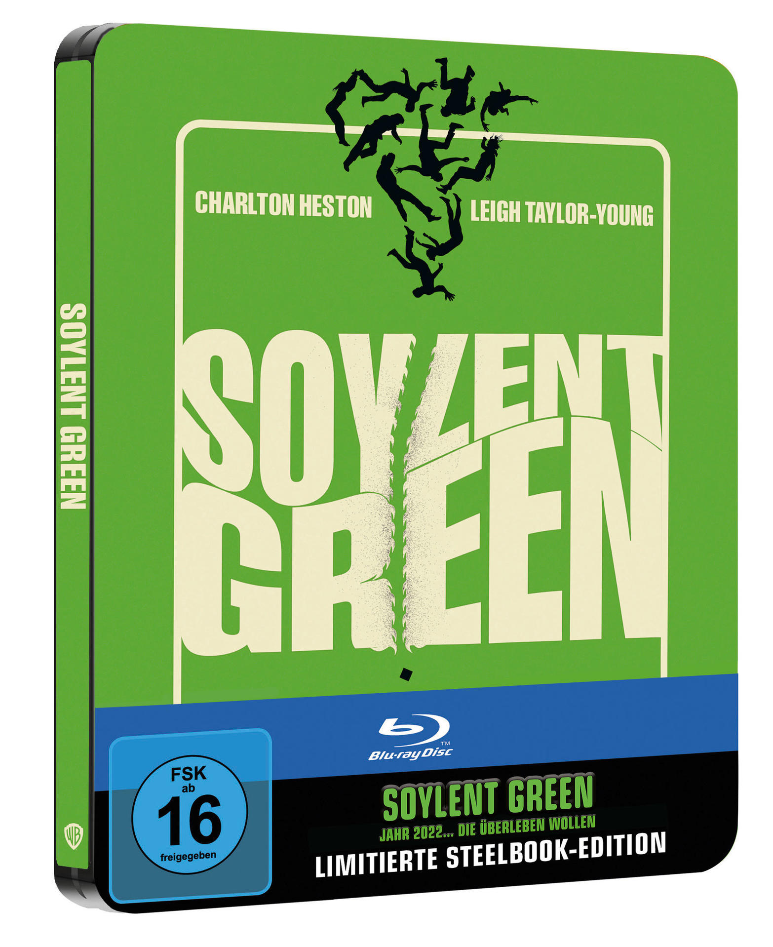 Soylent Green Blu-ray Steelbook. Grün mit weißem Titel und den Namen der Filmschauspieler oben.