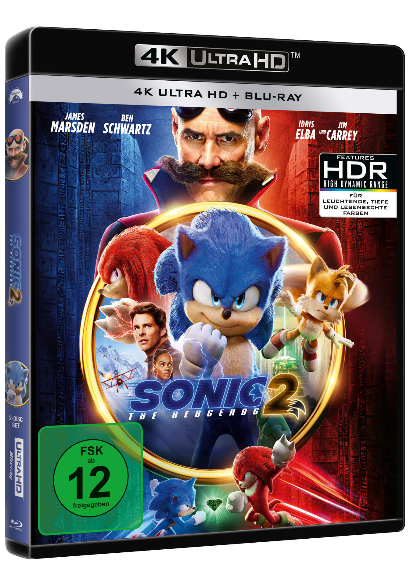 Sonic 2 Filmcover. Sonic und Tails stehen im Mittelpunkt. Jim Carrey als Dr. Robotnik ist sichtbar.