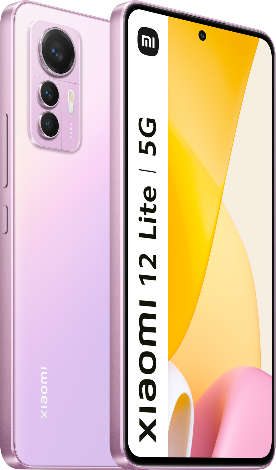 Un smartphone Xiaomi 12 Lite 5G rosa, con dos cámaras en la parte trasera y la pantalla hacia adelante.