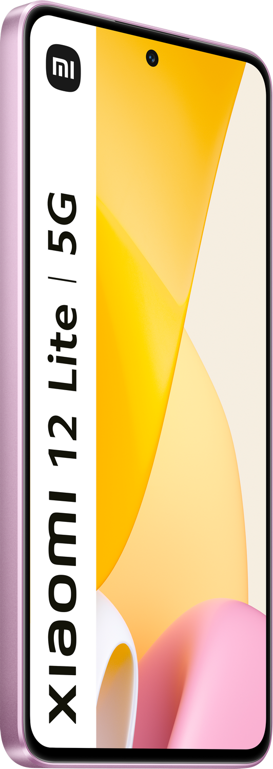 Un smartphone Xiaomi 12 Lite 5G rosa sobre un fondo blanco, inclinado para mostrar la pantalla.