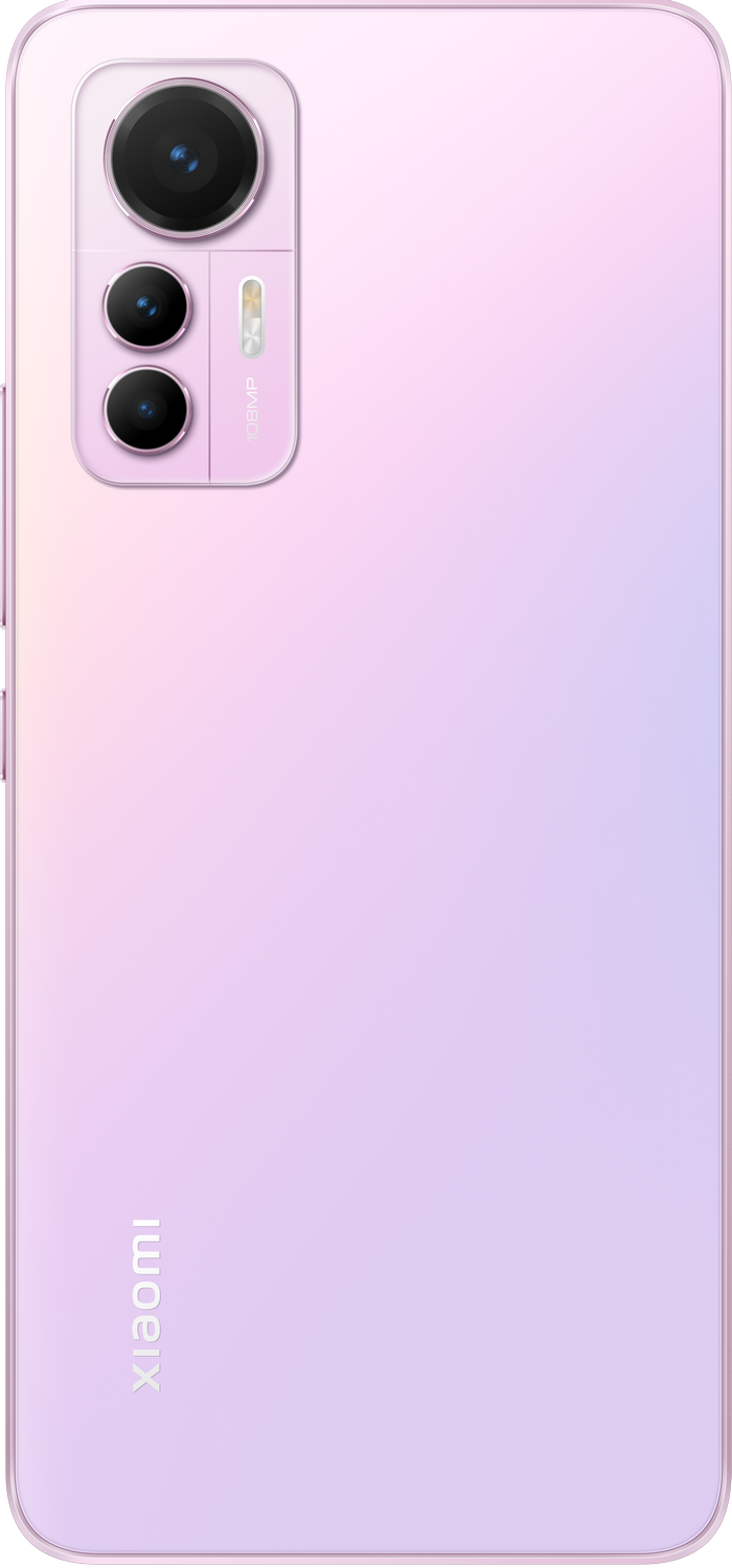 Una toma de primer plano de la parte posterior de un teléfono inteligente de color lavanda.