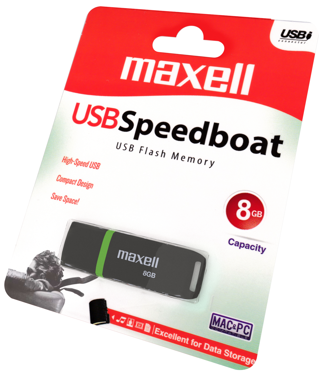 USB flash meghajtó piros-fekete csomagolásban. A meghajtó fekete testű, zöld csíkkal.