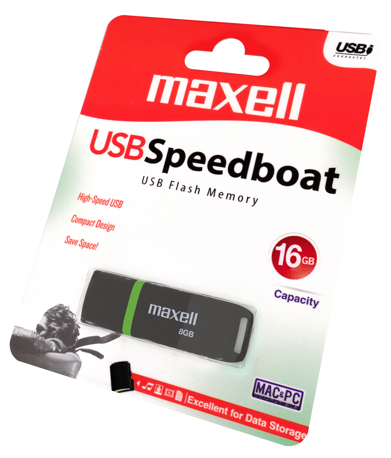 Egy USB flash meghajtó Maxell csomagolásban. A csomagolás fehér, piros és fekete.
