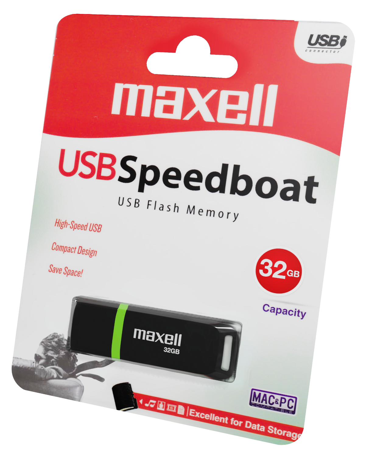 Maxell USB flash meghajtó csomagolása. Fekete meghajtó zöld csíkkal.