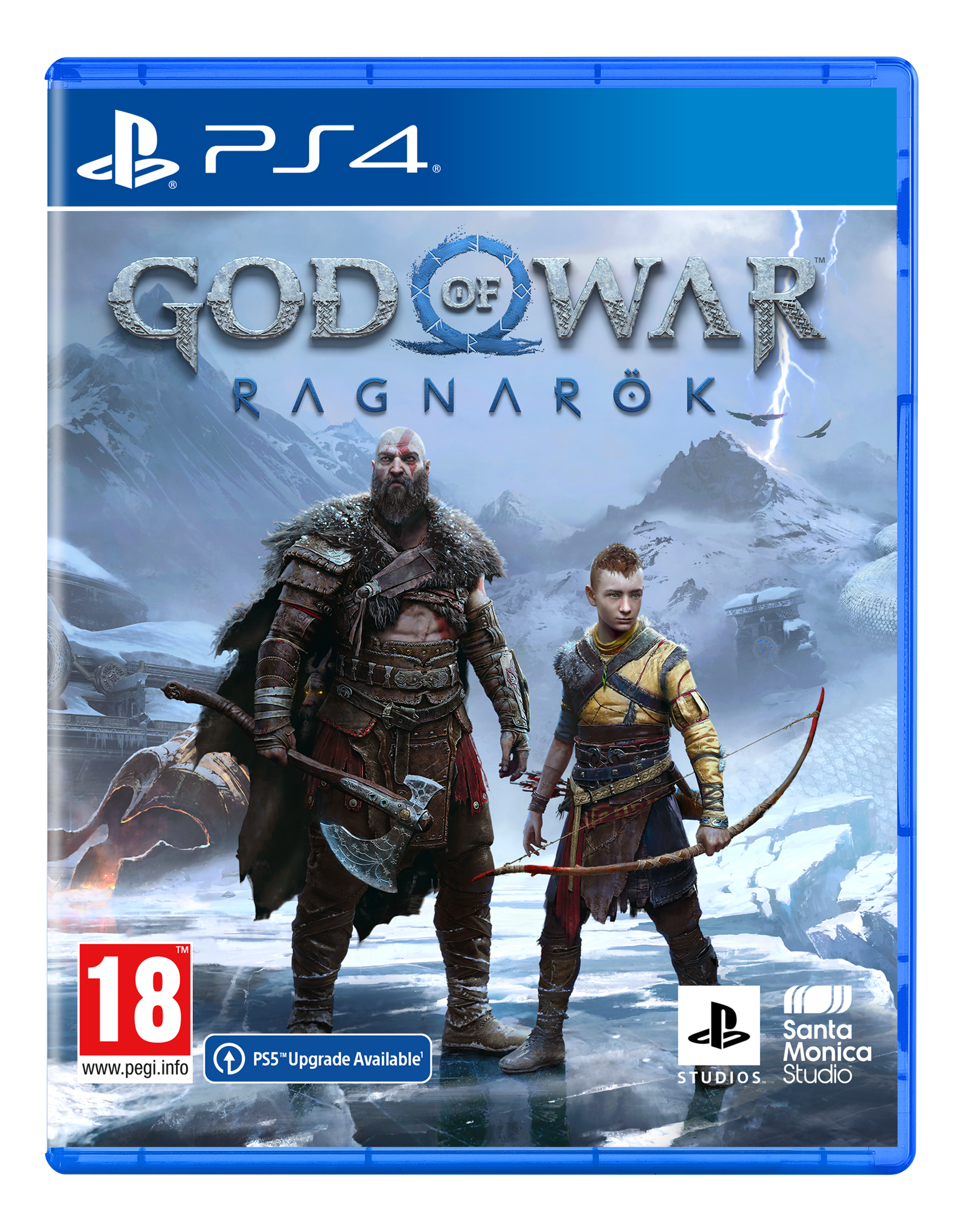 Boîtier du jeu God of War Ragnarök PS4 avec deux personnages dans un paysage enneigé.