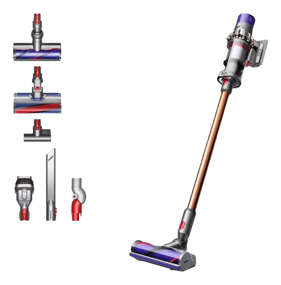 Dyson Staubsauger mit Aufsätzen, verschiedene Teile links, langer Griff rechts.