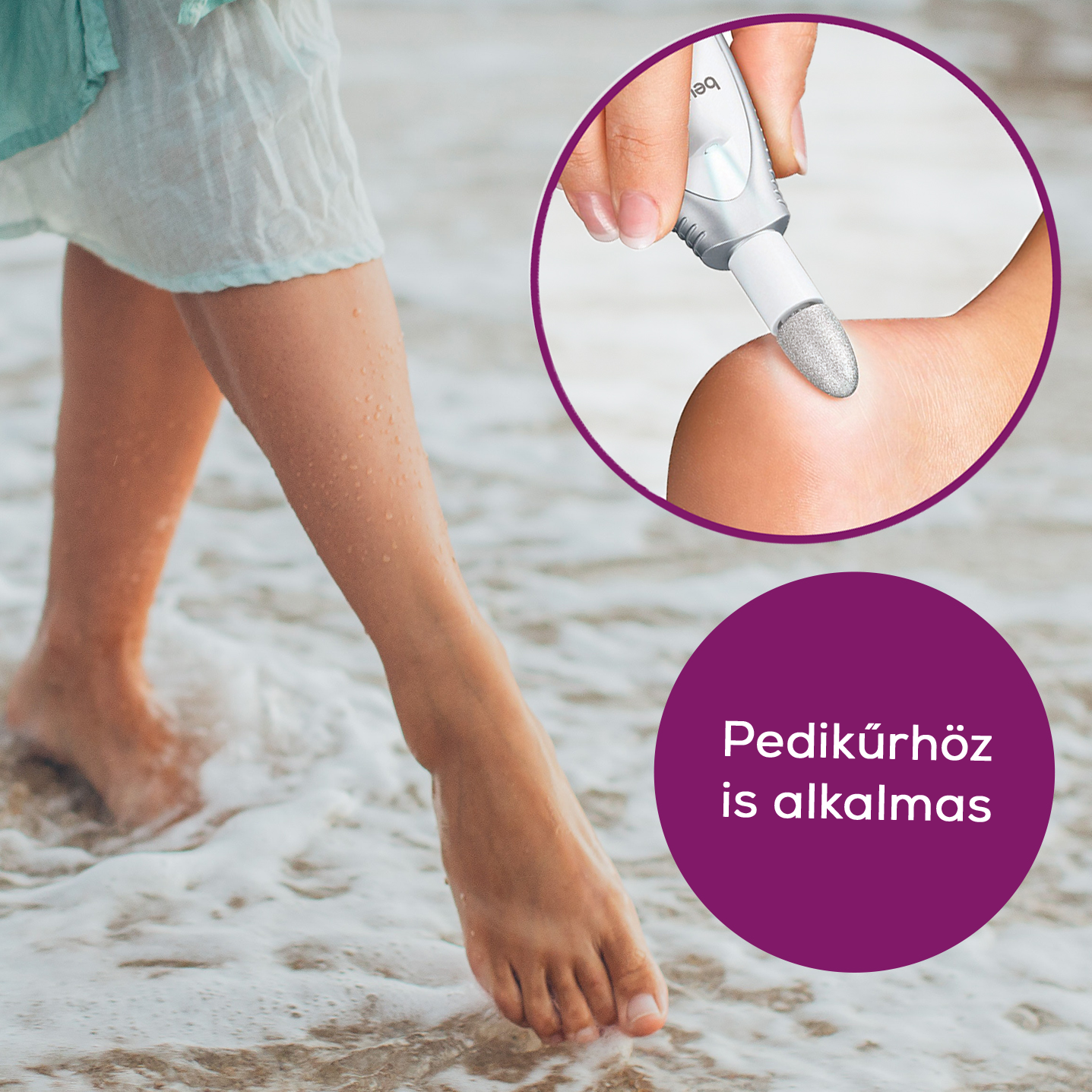 Nő lábai a vízben. Közelkép a lábápoló eszközről. Szöveg: Pedikűrhöz is alkalmas.