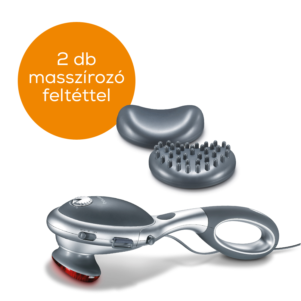 Kézi masszírozó két szürke tartozékkal. Narancssárga kör, magyar szöveggel.