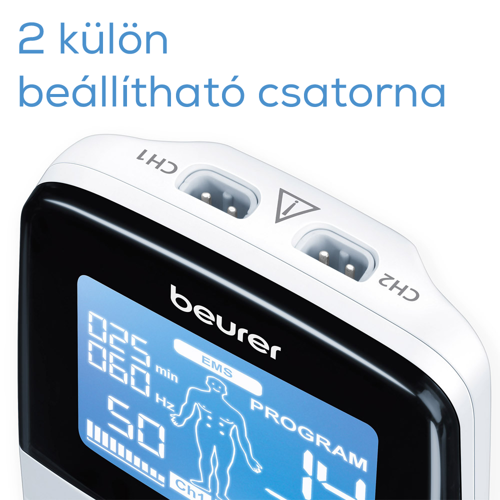 Egy orvosi eszköz közeli képe, melyen számok és egy testábra látható. Két csatorna van feltüntetve.