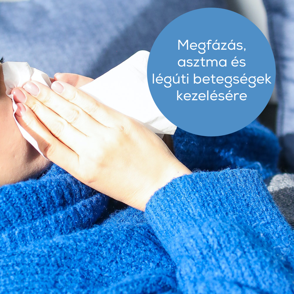Nő zsebkendővel takarja el arcát, kék körben szöveg: megfázás, asztma, légúti betegségek kezelése.