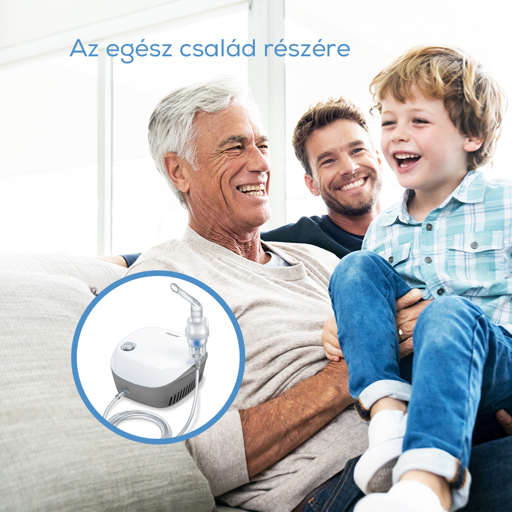 Három ember mosolyog. Egy inhalátor egy körben. Szöveg: 'Az egész család részére'.