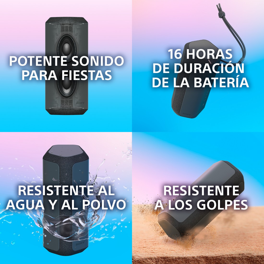 Un altavoz negro sobre un fondo con texto sobre calidad de sonido y duración de la batería.