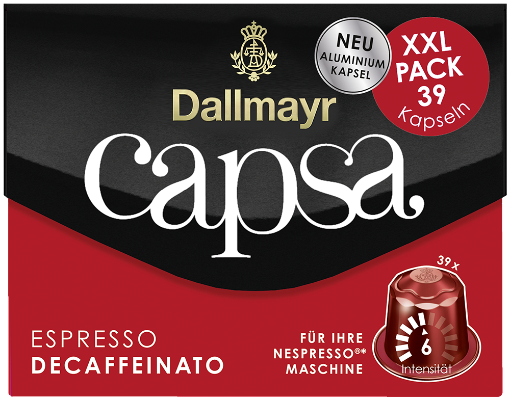 Kaffeekapselbox. Schwarz und rot. Espresso Decaffeinato Text sichtbar.