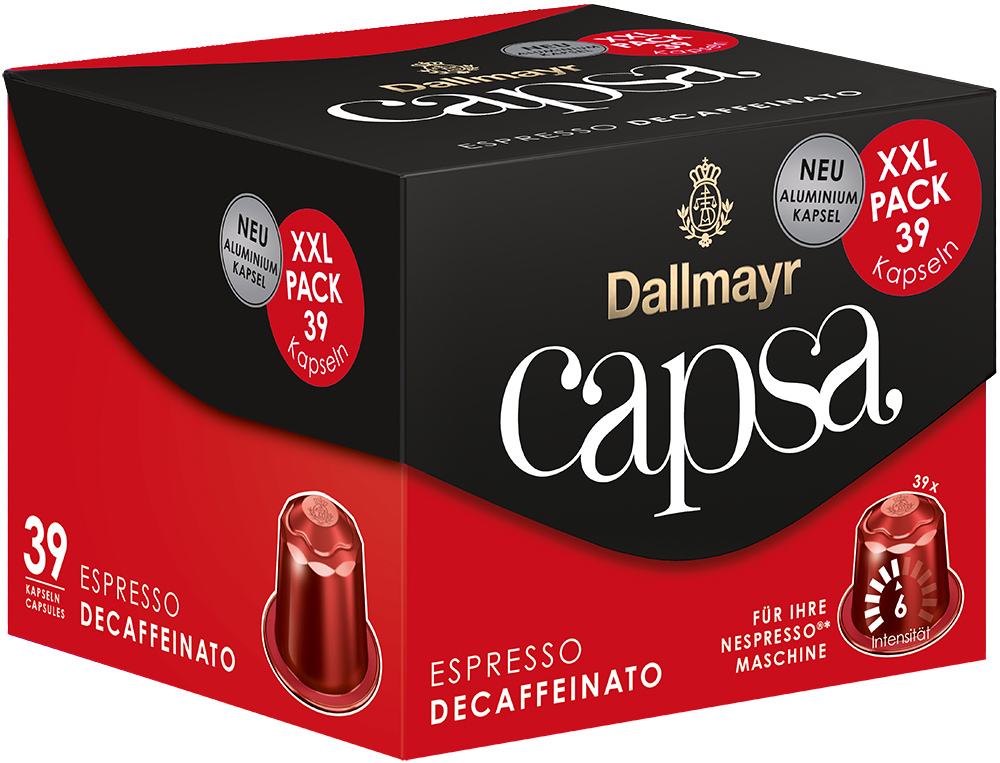 Eine Schachtel mit Dallmayr Espresso Decaffeinato Kapseln, mit rotem und schwarzem Design.