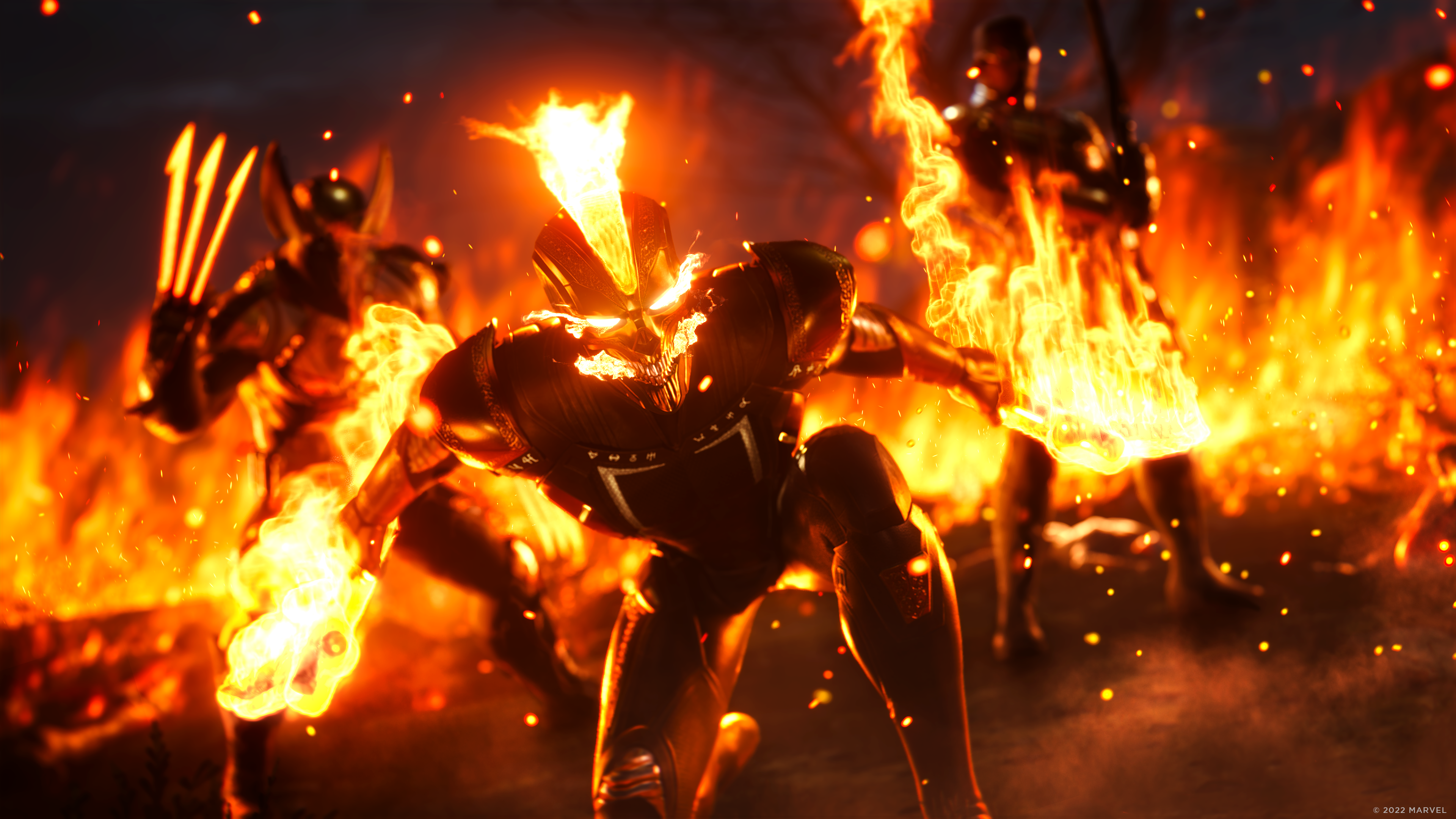 Trois personnages en feu, entourés de flammes, dans un jeu vidéo.