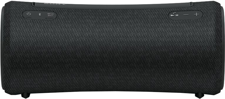 Fekete hangszóró bekapcsoló, bluetooth és hangerő gombokkal, hálós külsővel.